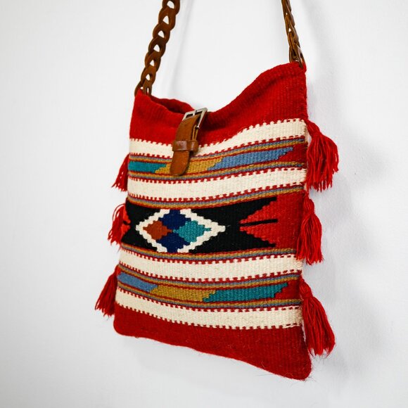 Vintage Aztec Handmade Wool and Leather Tote Handbag with Tassel Details - Picture 4 of 6